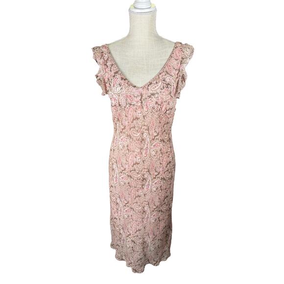 Vintage La Belle Midi Dress Junior Size 9 Paisley Print Pink Brown Ruffles Fairy - Picture 1 of 9